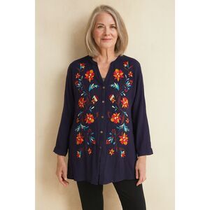 Soft Surroundings Blue Floral Paisley Embroidered Button Up Shirt Women's Size M